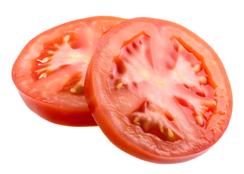 Two slices of fresh red tomato isolated on a white background