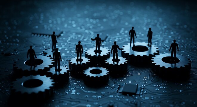 Business teamwork concept miniature figures standing on gears of modern technology