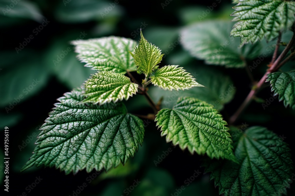 Poster close-up view of vibrant green leaves highlighting intricate textures in a natural setting