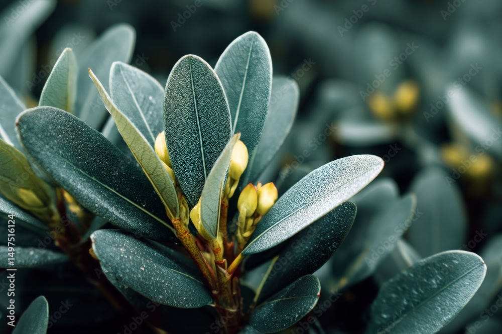 Poster close-up of vibrant green leaves with emerging buds in a natural setting captured during daylight ho