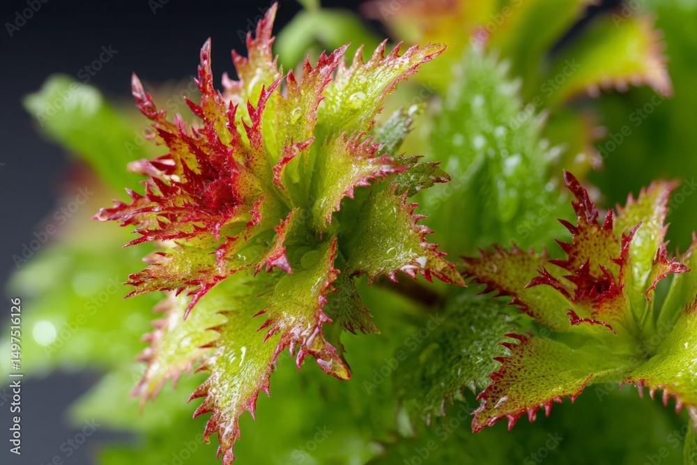 Poster close-up view of vibrant green and red leaves with jagged edges in natural light during the daytime 