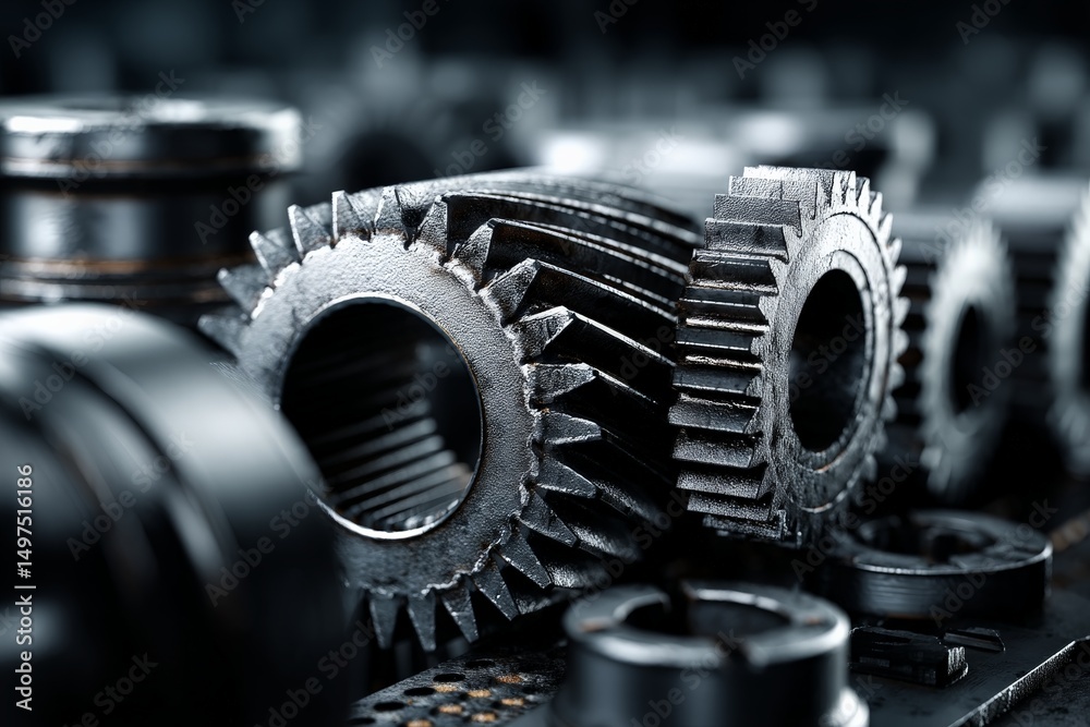 Poster close-up view of industrial metal gears and components in a workshop setting during daylight