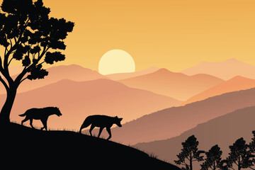 Naklejka premium Scenic Sunset Landscape with Silhouetted Hyenas Walking Along a Hilltop, Forest Trees, and Layered Mountains in a Peaceful Nature Scene