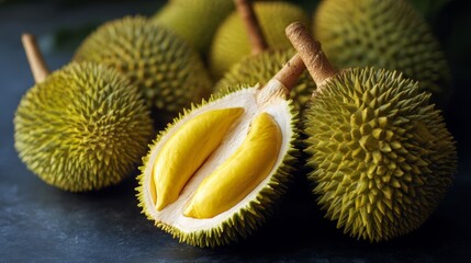 Bunch of unopened durians are shown with one of them cut open. Concept of curiosity and intrigue about the fruit, as well as a hint of danger due to the sharp spikes on the durians