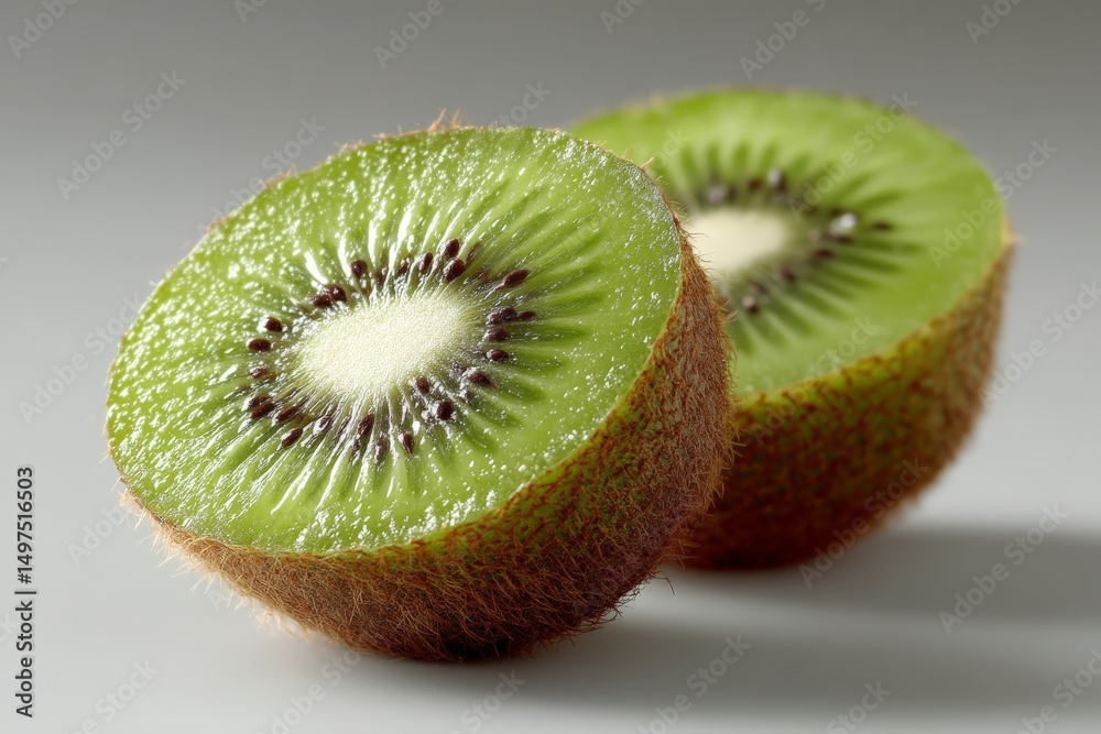 Poster freshly cut kiwi halves displaying vibrant green flesh and tiny black seeds on a light background