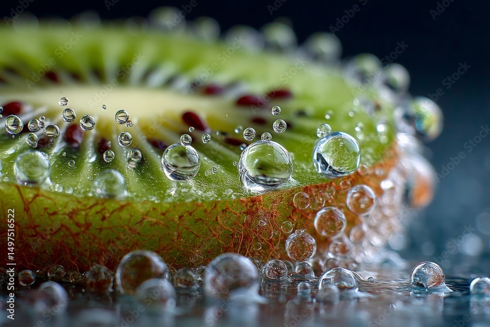 Poster Fresh kiwi slice submerged in sparkling water creating captivating bubbles