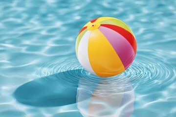 Vibrant Beach Ball in Tranquil Pool: A colorful beach ball floats gracefully in the calm, crystal-clear water of a swimming pool, casting a playful shadow.