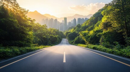 Fototapeta premium Asphalt road leading to a city skyline at sunset.