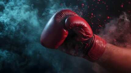 Glowing boxing gloves clashing through smoke particles