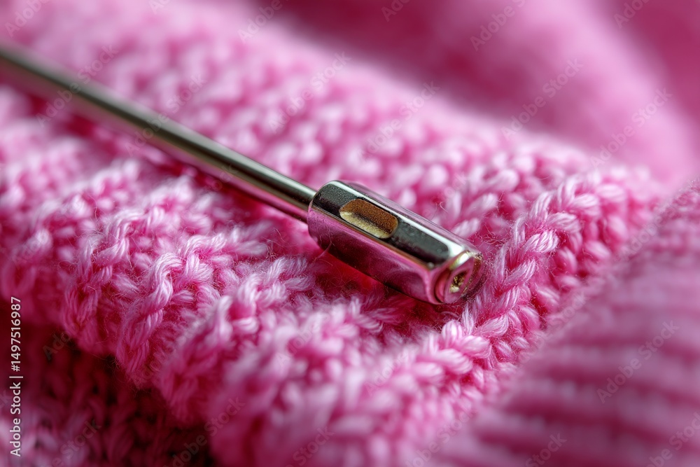 Poster close-up view of a knitting needle resting on pink yarn during a crafting session in a cozy workspac