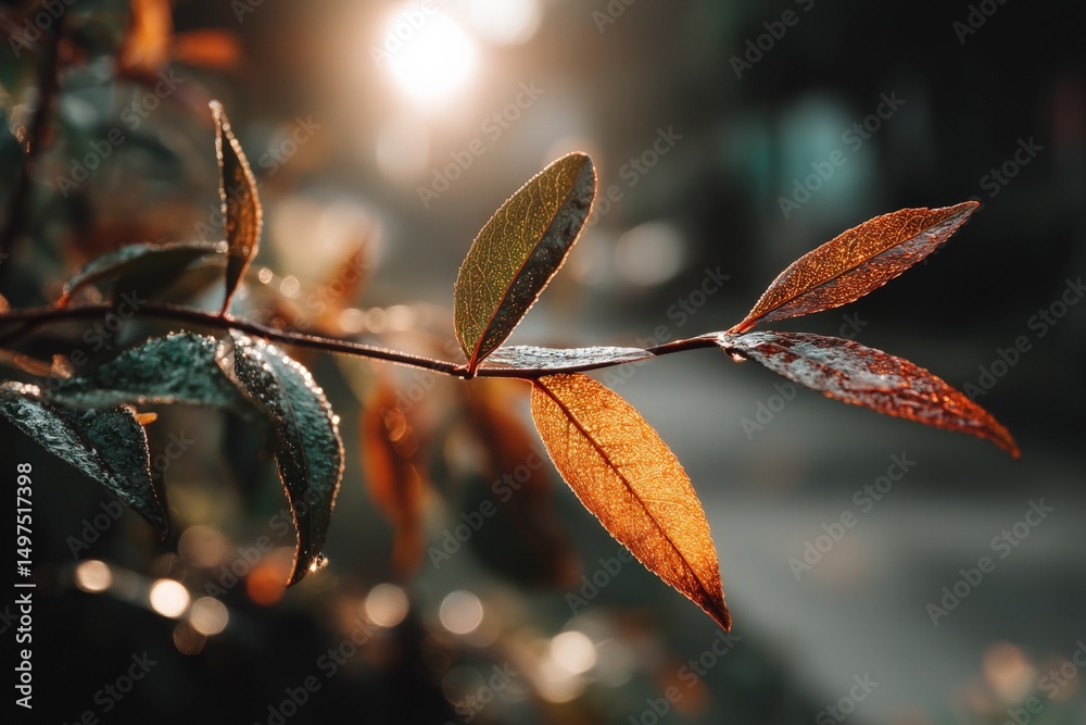 Aufkleber leaves glistening in morning light with soft bokeh background creating a serene outdoor atmosphere