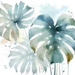 Minimalist Hand-Drawn Monstera Leaves in Pastel Tones. Abstract Botanical Art: Watercolor Monstera and Tropical Leaves. Monstera leaf pattern. Hand drawn illustration. Watercolor painting. 