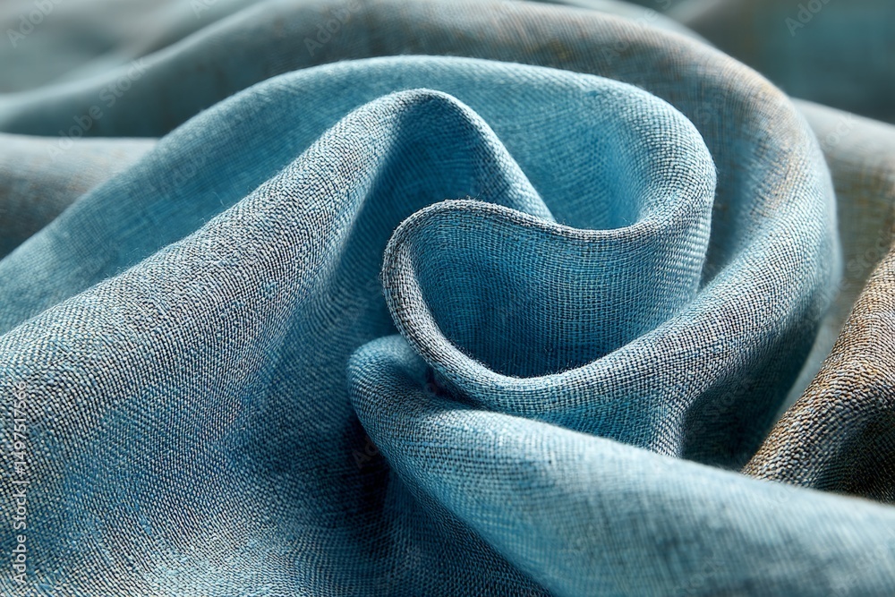 Poster close-up view of soft blue fabric revealing intricate textures and folds in natural light