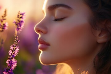 Fototapeta premium Close-up profile of a woman enjoying the fragrance of lavender.