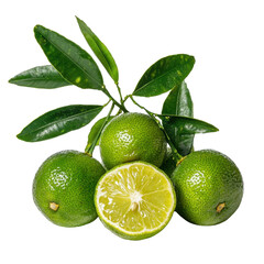 Fresh Green Limes with Leaves Arranged Beautifully on a White Background, Perfect for Cooking, Baking, or Beverage Preparation Projects Transparent background, PNG
