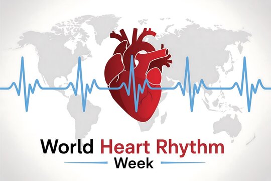 Illustration of a heart with a heartbeat line and a world map for world heart rhythm week - Powered by Adobe