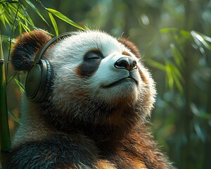 Panda bear in deep meditation with oversized headphones