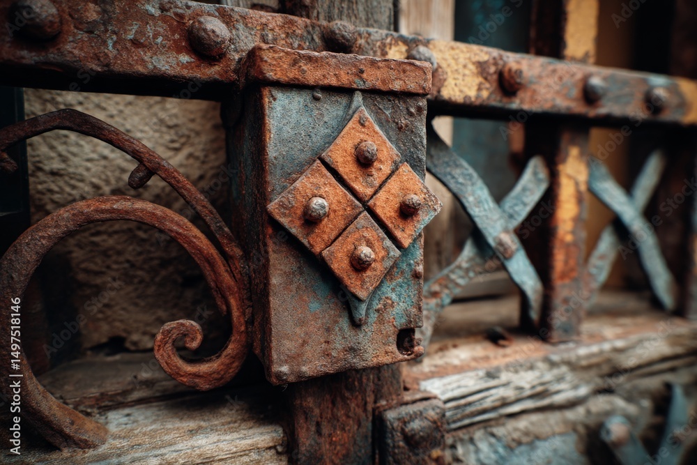 Poster rusty decorative ironwork on an old door showcasing details of craftsmanship and history in an urban