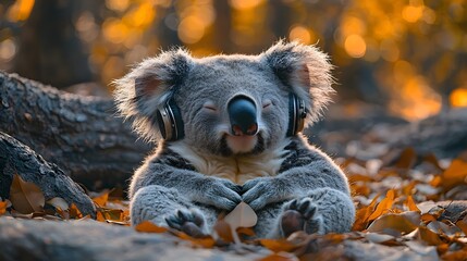 A sleepy koala wearing cozy headphones in a peaceful forest setting