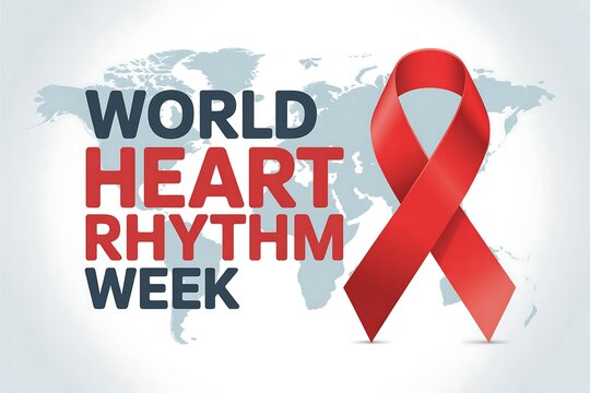 World heart rhythm week banner with red ribbon and world map in background design - Powered by Adobe