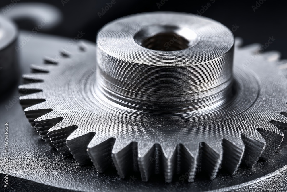 Aufkleber Close-up view of a metallic gear reflecting light in a mechanical workshop setting