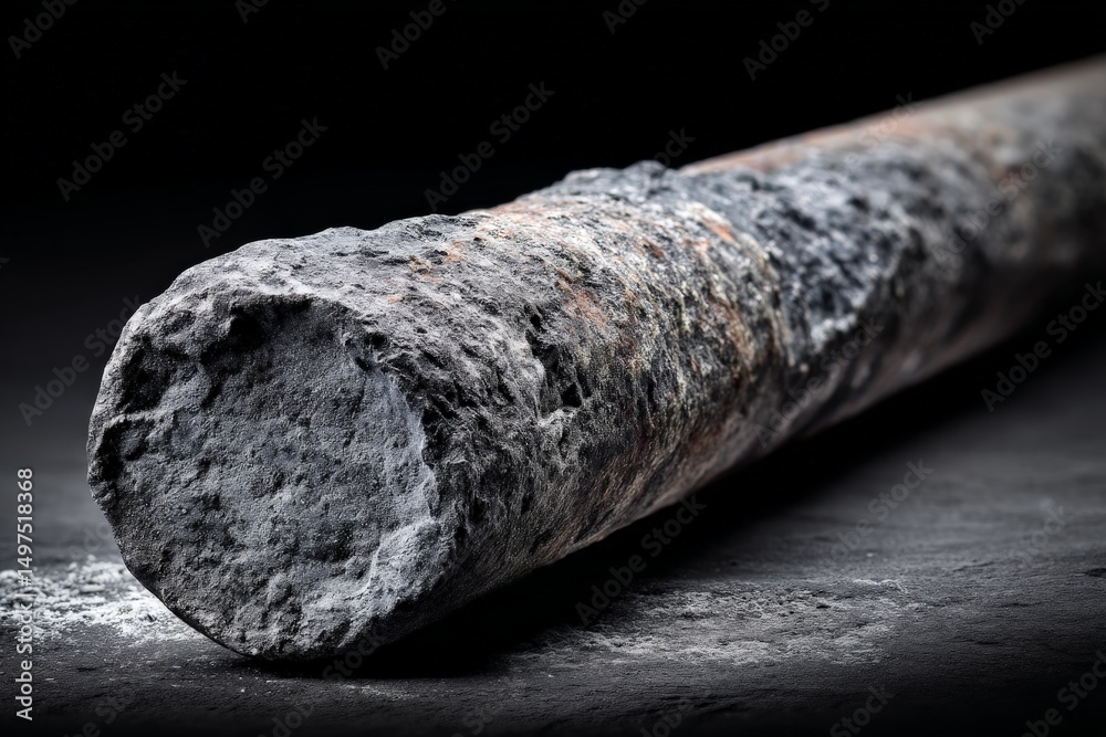 Poster rusty metal rod showcasing corrosion and texture lying on a dark surface in a still life composition