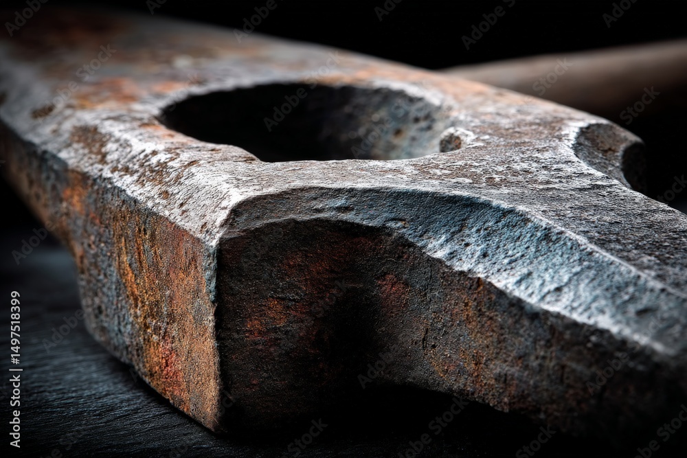 Poster close-up of an old, rusty hammer showcasing detailed texture and craftsmanship in dim light