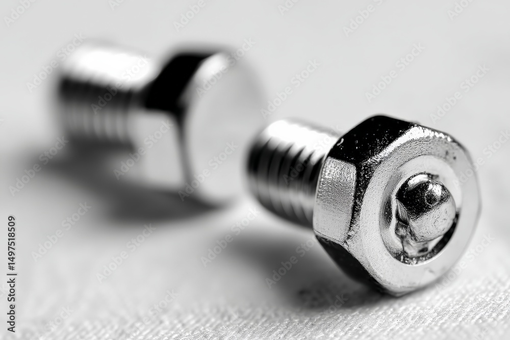 Poster Close-up view of metallic bolts showing detailed texture and reflections on a light background