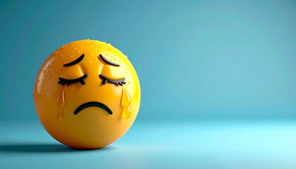 Fototapeta premium A semi-realistic crying emoji with teardrops, against a muted blue background and soft shadows.