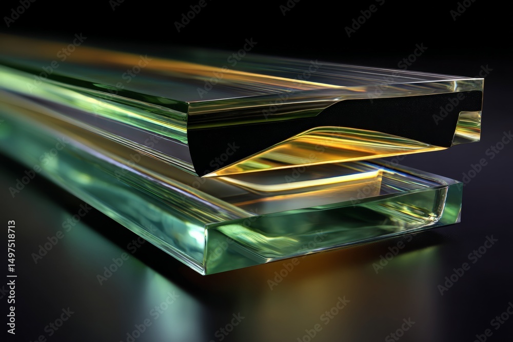 Poster Glass sheets layered with vibrant colors showcasing intricate reflections and edges in an artistic arrangement