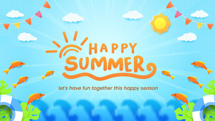 Vibrant Summer Greeting with Sun, Waves, and Tropical Elements