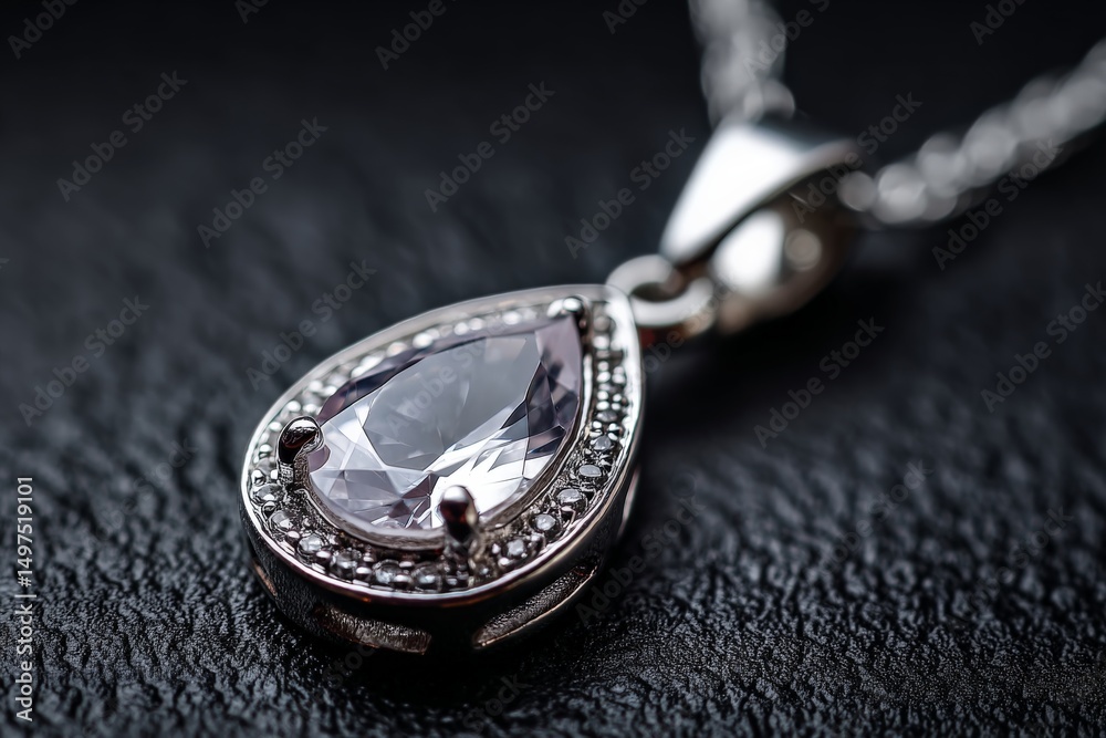 Poster elegant silver necklace with a pear-shaped gemstone resting on a textured surface
