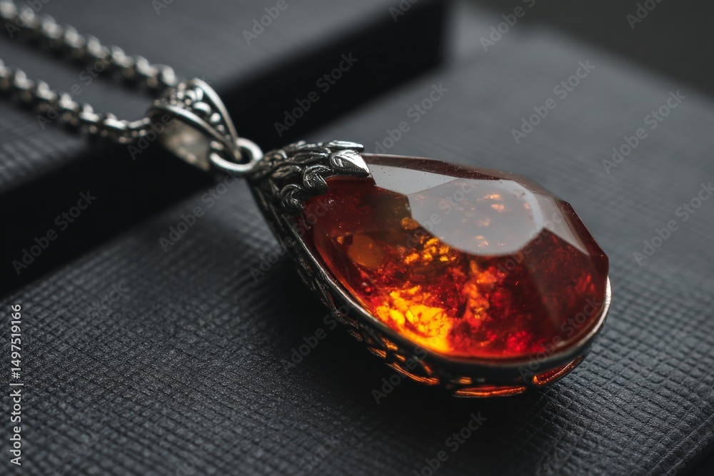 Poster elegant amber pendant handcrafted with intricate silver detailing displayed on a dark textured surfa