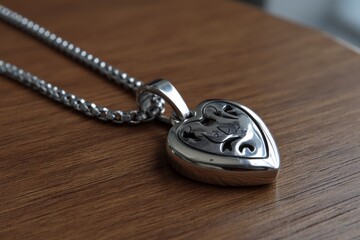 Silver heart-shaped pendant with intricate design on a metal chain resting on wooden surface