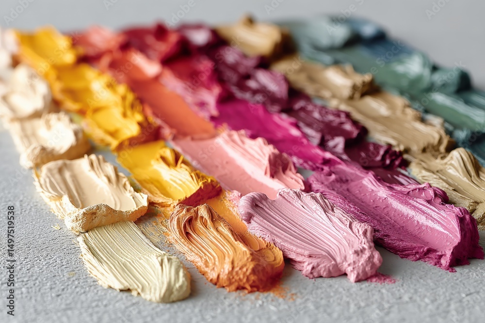 Poster colorful palette of acrylic paints arranged in rows on a textured surface