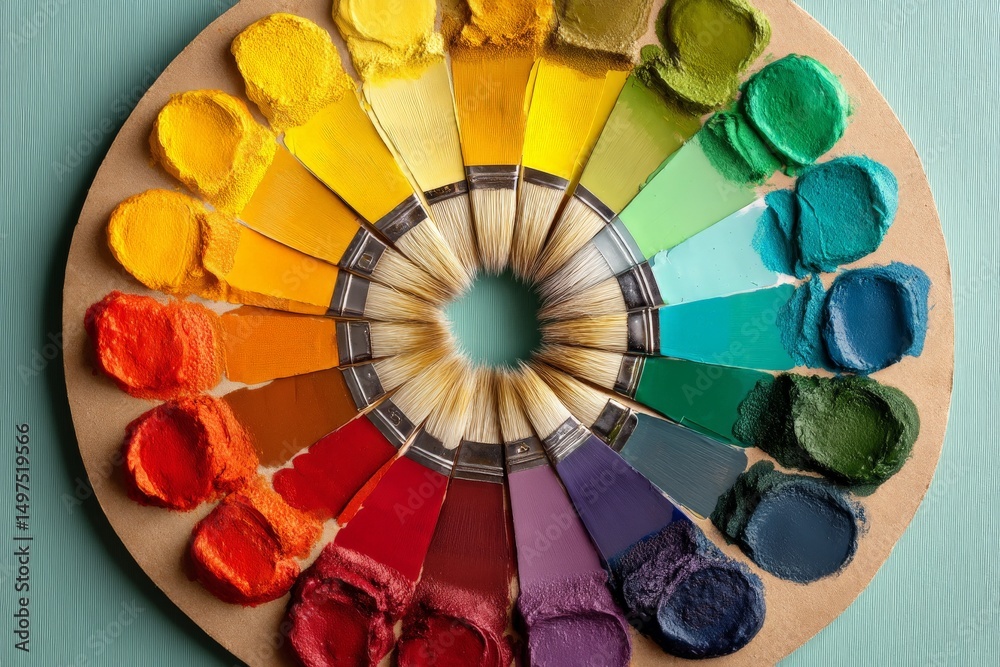 Poster Vibrant color palette arranged with brushes and pigments on a circular board showcasing artistic tools