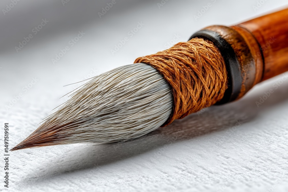 Poster Detailed close-up of a traditional paintbrush with a soft tip resting on textured paper during an art creation process