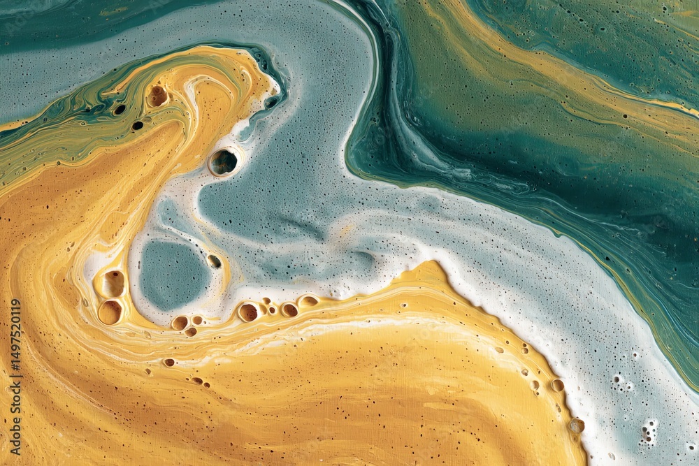 Poster colorful abstract swirl of gold and teal paint in a dynamic composition on a textured surface