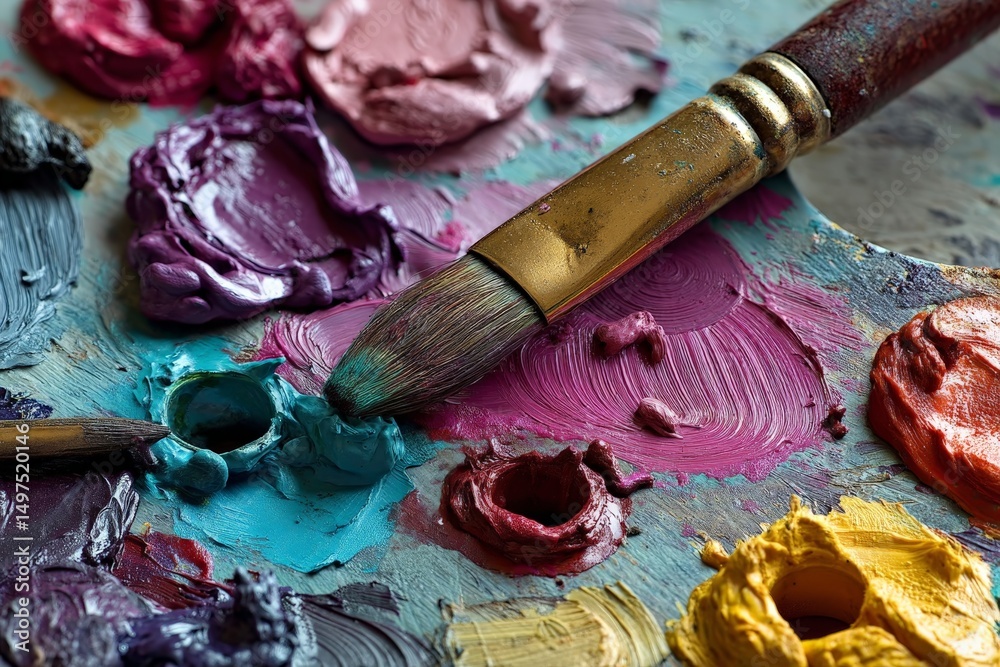 Poster brightly colored paint palette with brushes set for artistic creation indoors