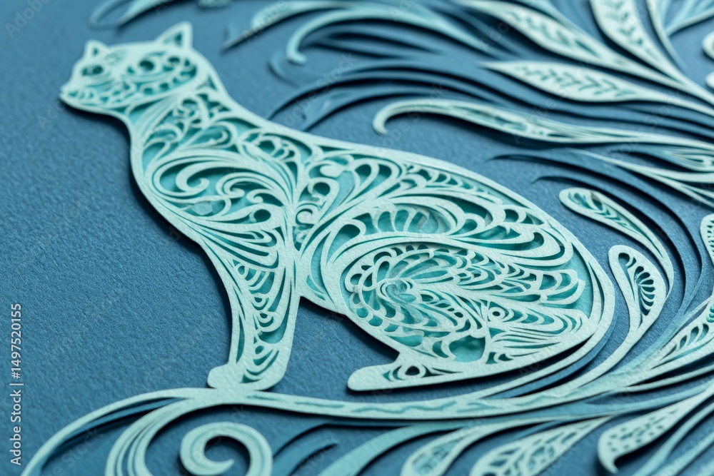 Aufkleber Intricate paper-cut design of a cat surrounded by flowing patterns on a blue background