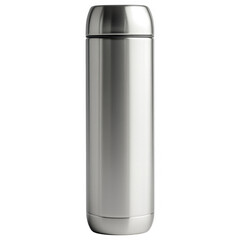 Sleek Thermal Vessel: A modern, stainless-steel thermal container, meticulously photographed against a pristine backdrop, promises enduring insulation for beverages, be it hot or cold.