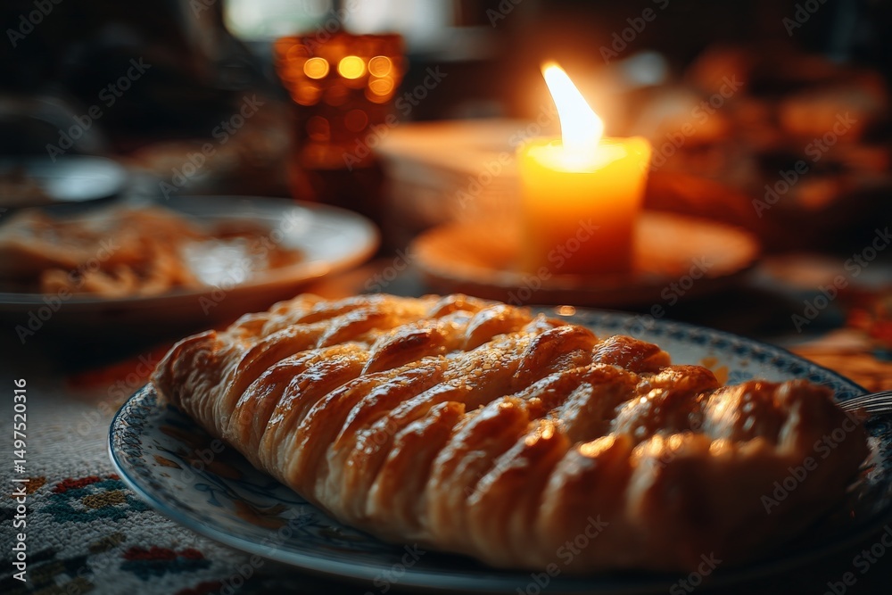 Poster warm pastry served on a table with a glowing candle in a cozy setting during the evening