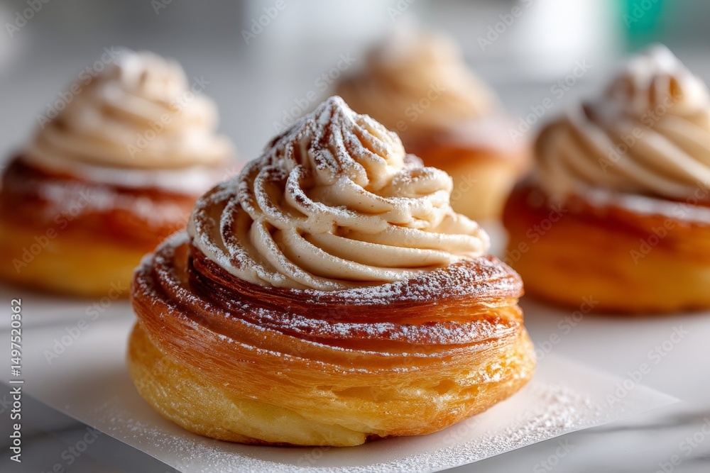 Aufkleber delicious pastry with creamy topping presented on a marble countertop in a bright, inviting café set