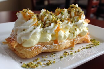 Delicious dessert featuring cream, whipped topping, and pistachios on a flaky pastry