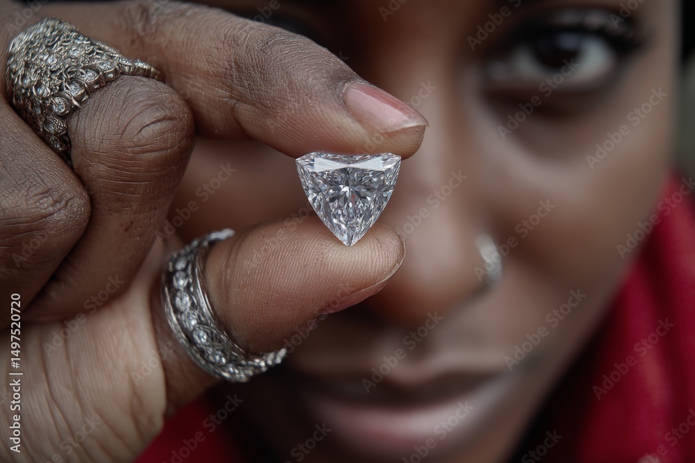 Poster close-up of a woman holding a large diamond with intricate rings and piercing gaze in a vibrant sett