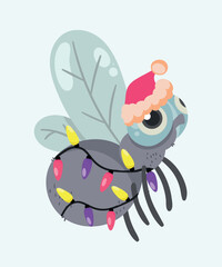Flat Design Holiday Illustration with a Fly Insect and Wearing a Light, Santa Hat