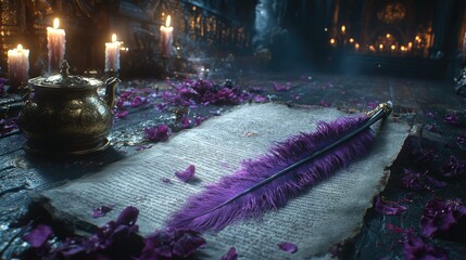 A mystical setting with an ancient scroll, a purple feather quill, and flickering candlelight, creating an enchanting atmosphere.
