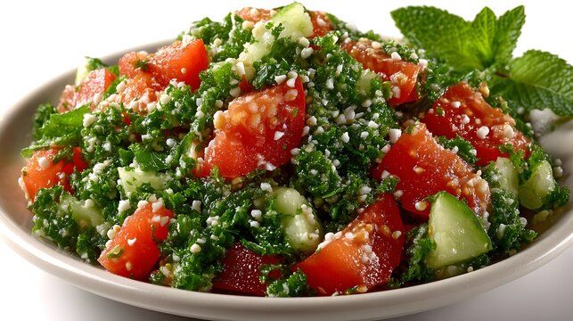 A vibrant and healthy tabbouleh salad features finely chopped parsley, tomatoes, cucumbers, and buur wheat, a refreshing Mediterranean dish.