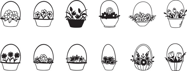 Fototapeta premium Floral Basket Clipart Collection. Black and White Flower Baskets.