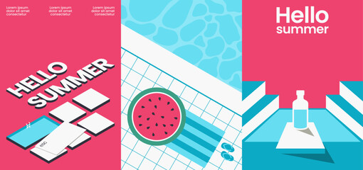 Naklejka premium Hello summer poster series with bold colors, poolside elements, and refreshing vibes for a fun seasonal visual illustration set.
